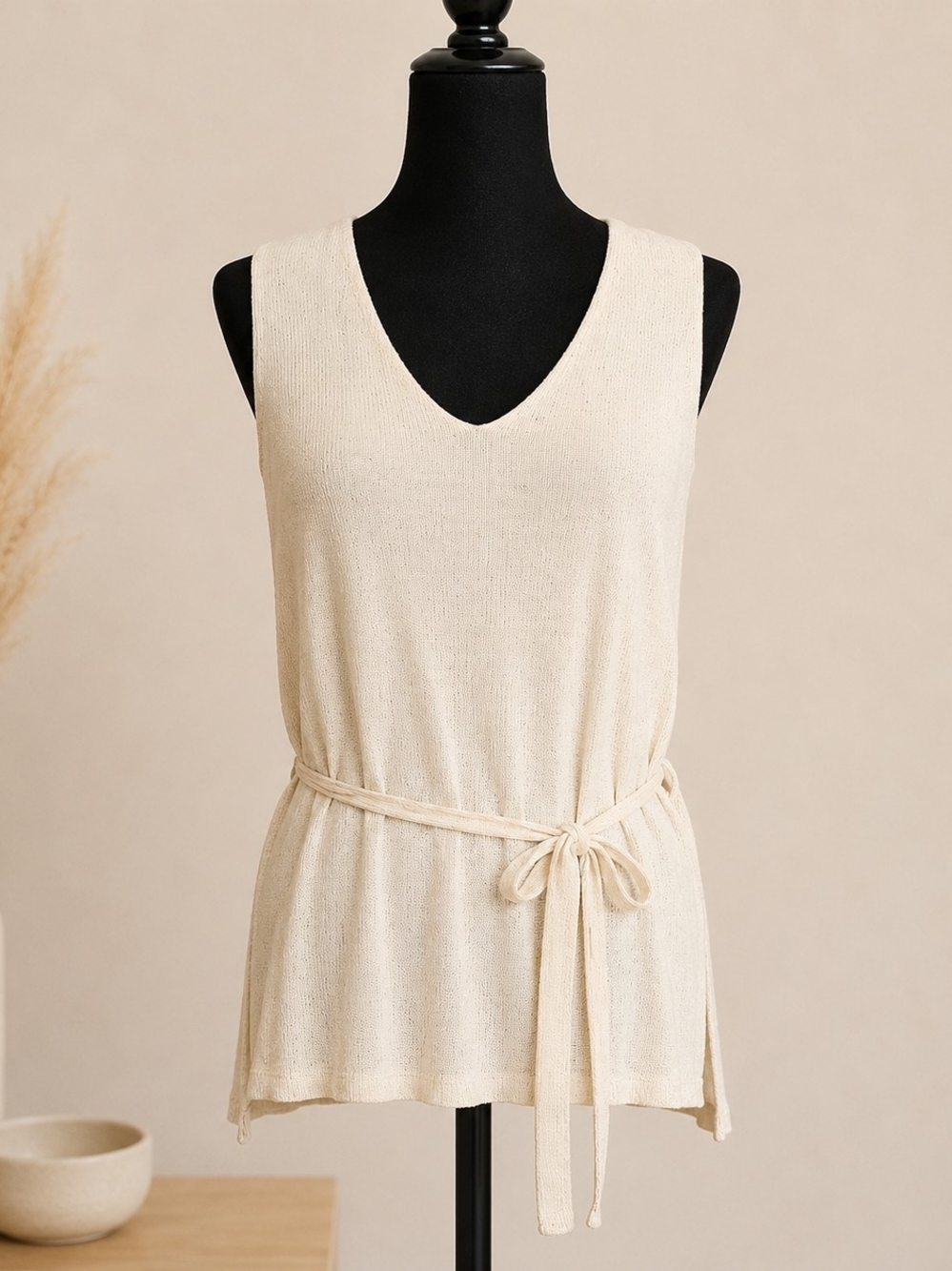 a new day Cream V-Neck Sleeveless Knit Top with Tie Belt